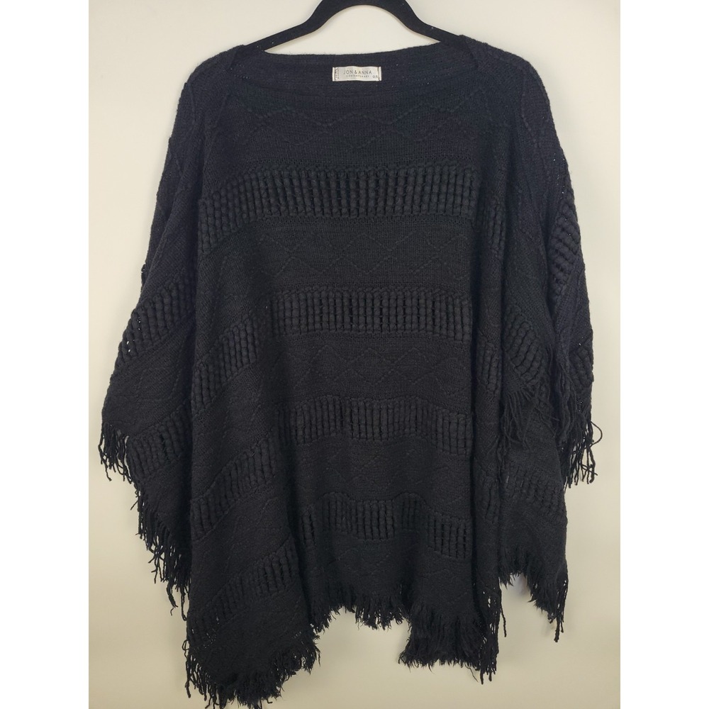 Jon & Anna Contemporary Black Knit Poncho One Size Fringe Hem Textured Boho Cape